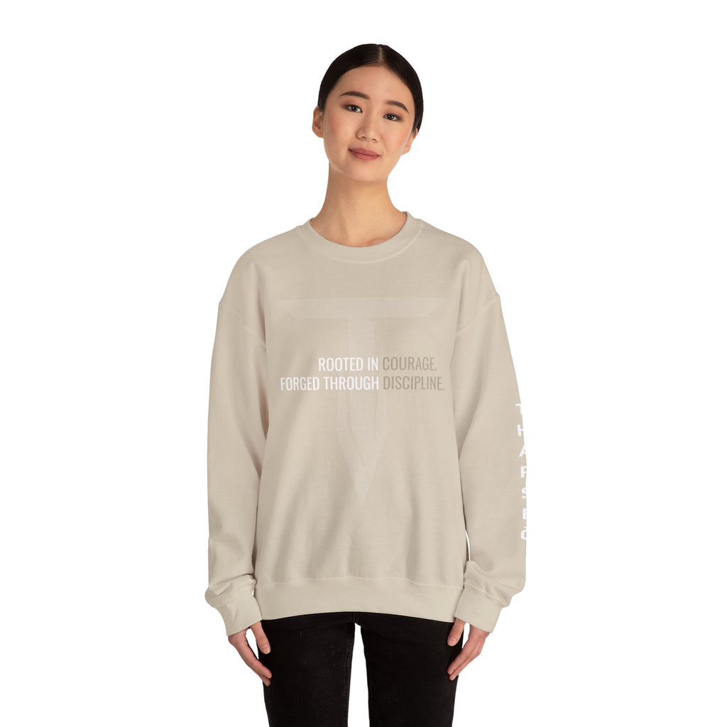 Tharseō Rooted & Forged Crewneck | Motivational Athletic Pullover