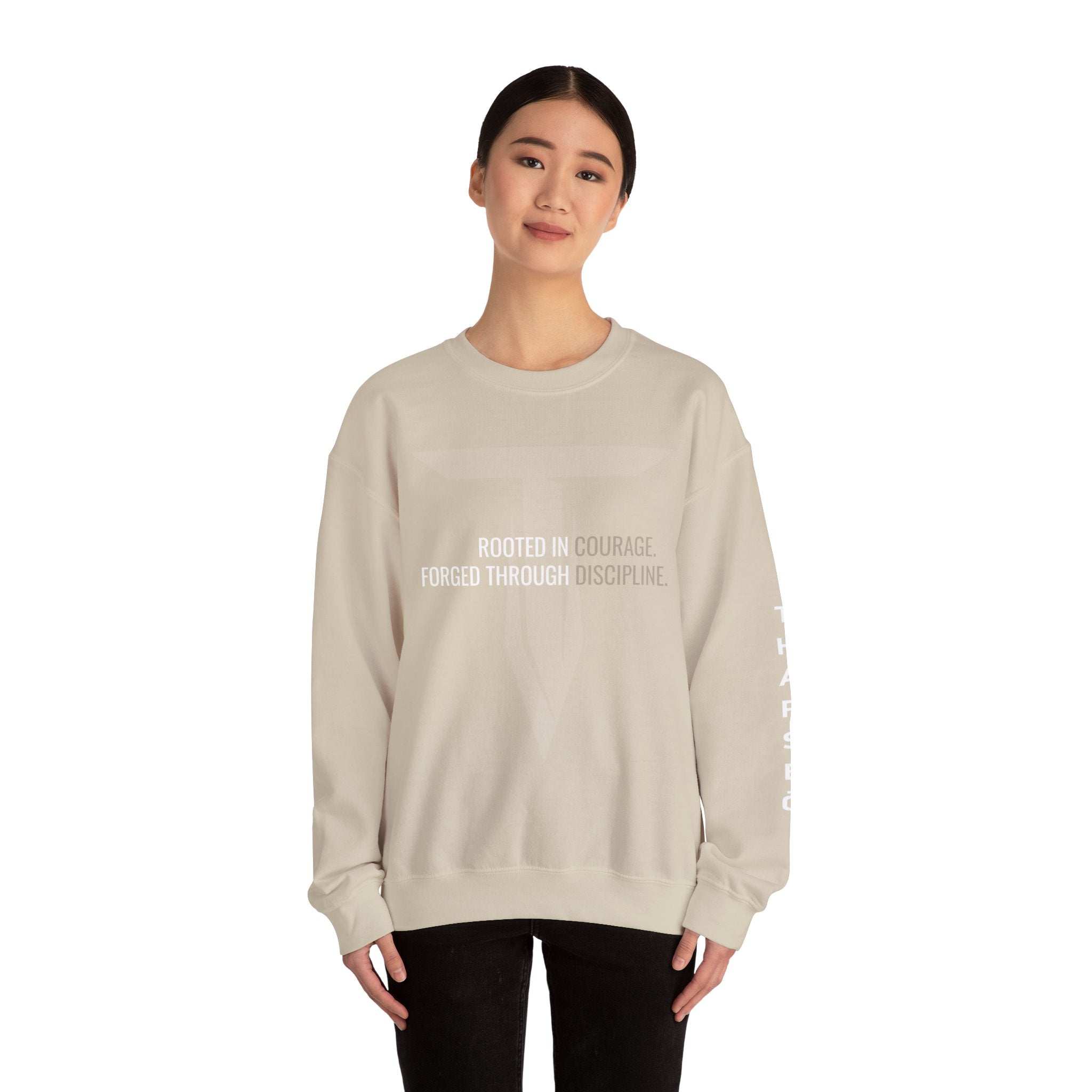 Tharseō Rooted & Forged Crewneck | Motivational Athletic Pullover