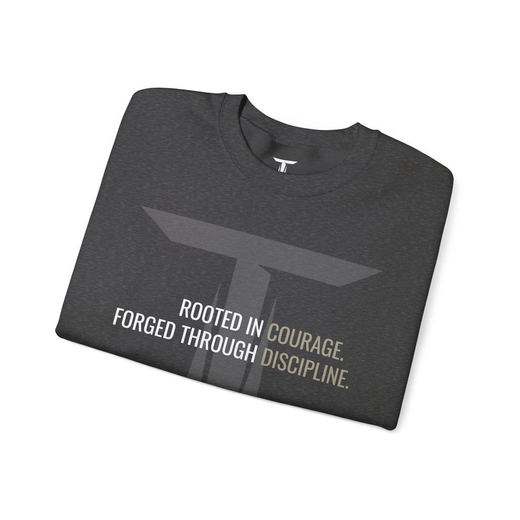 Tharseō Rooted & Forged Crewneck | Motivational Athletic Pullover
