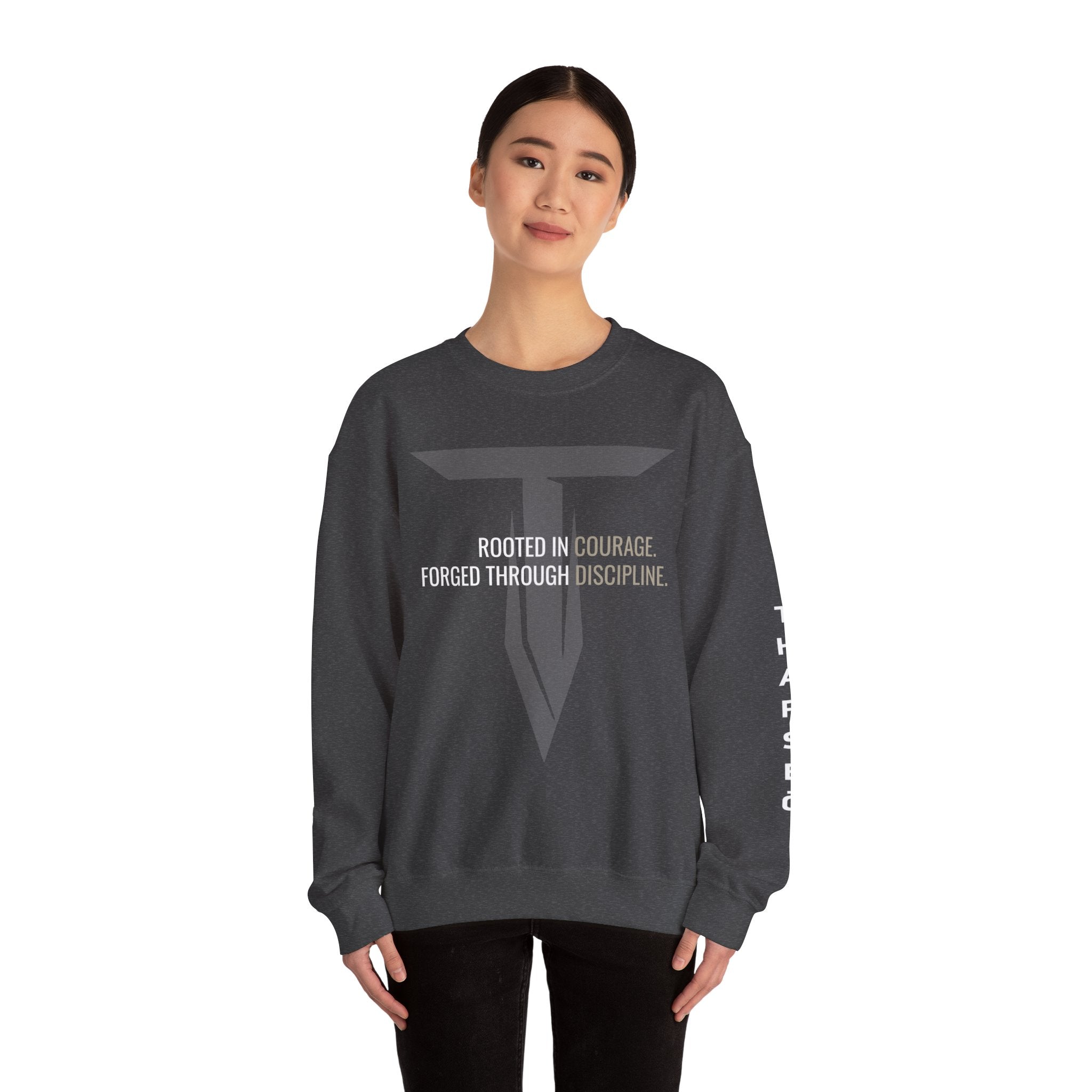 Tharseō Rooted & Forged Crewneck | Motivational Athletic Pullover