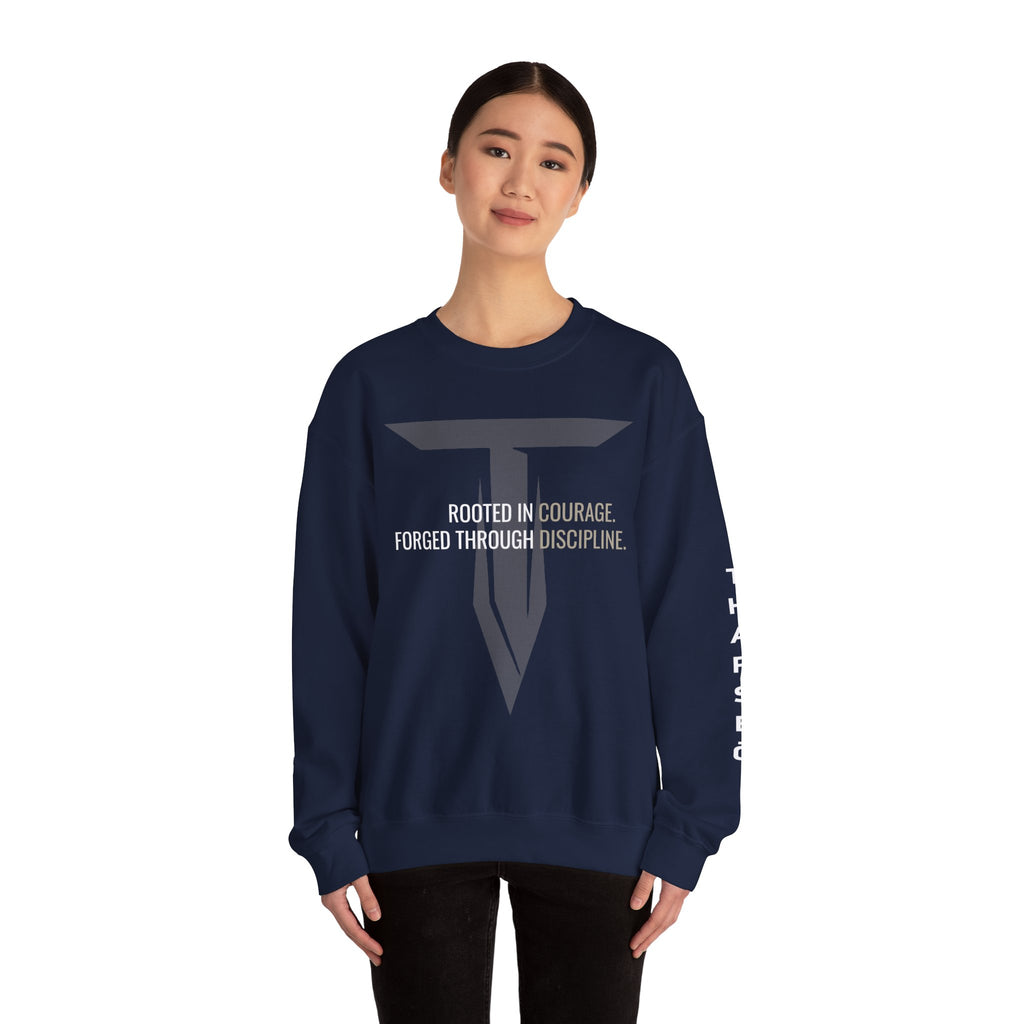 Tharseō Rooted & Forged Crewneck | Motivational Athletic Pullover