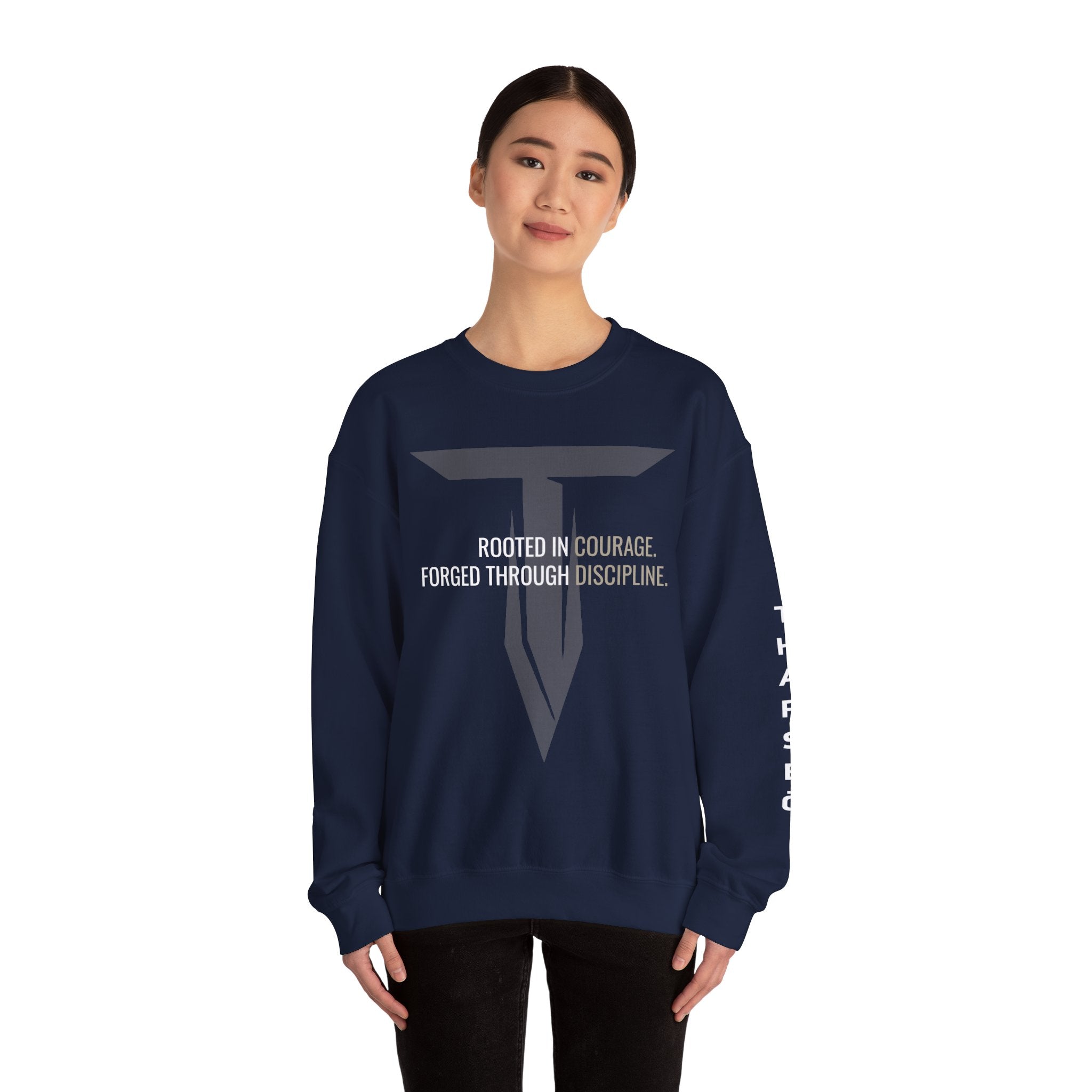 Tharseō Rooted & Forged Crewneck | Motivational Athletic Pullover