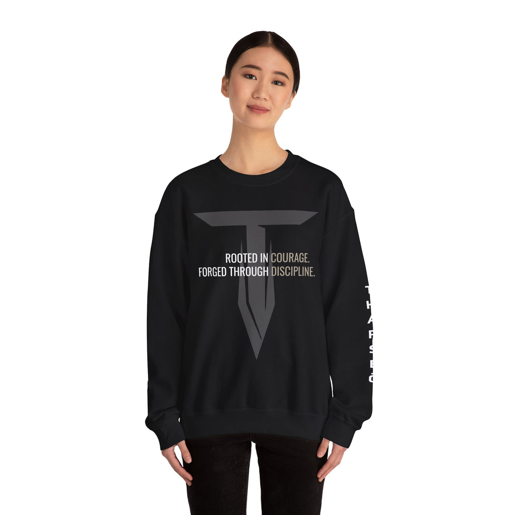 Tharseō Rooted & Forged Crewneck | Motivational Athletic Pullover