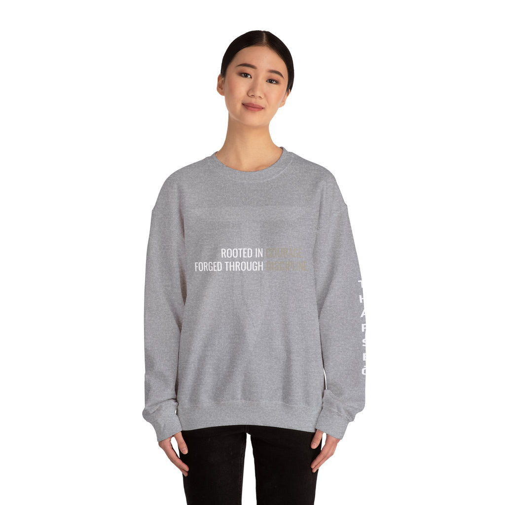 Tharseō Rooted & Forged Crewneck | Motivational Athletic Pullover
