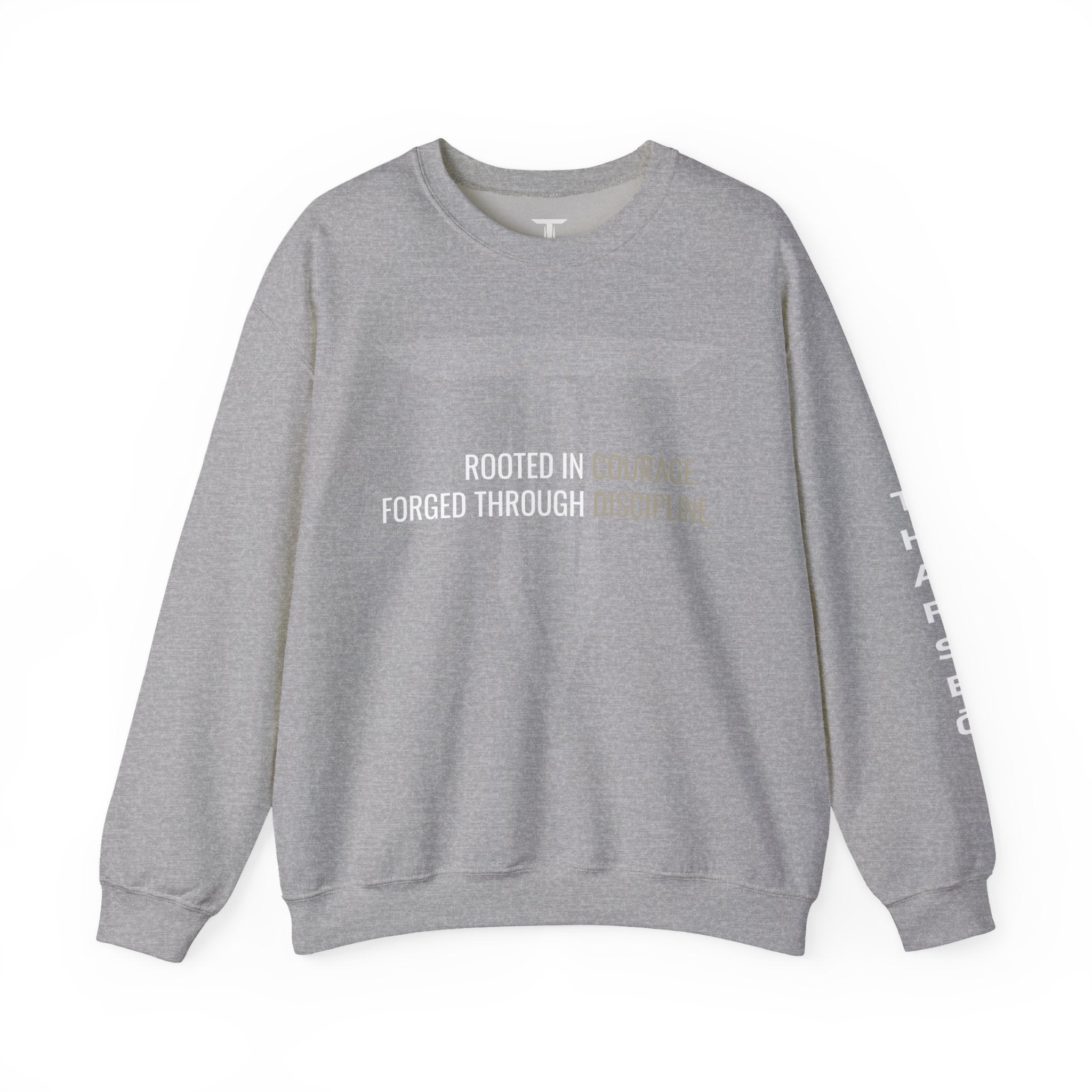 Tharseō Rooted & Forged Crewneck | Motivational Athletic Pullover