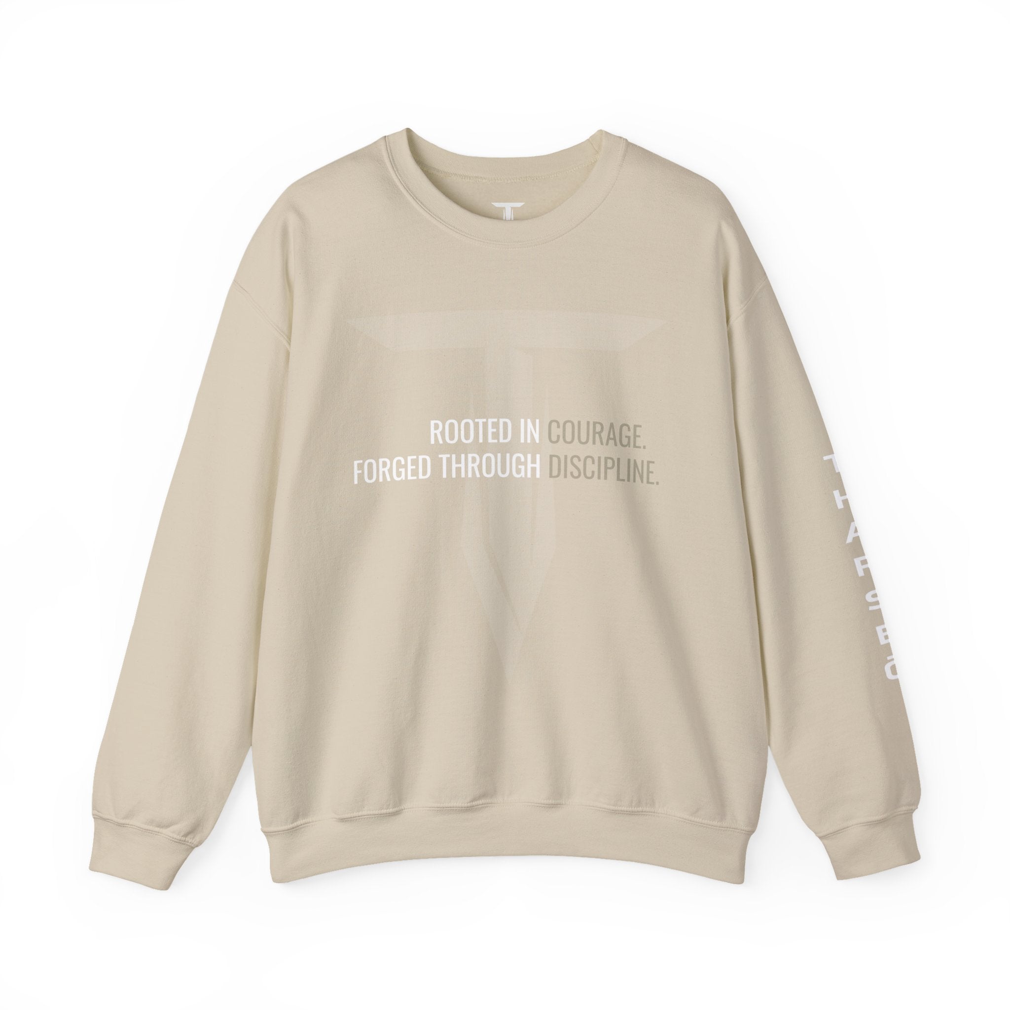 Tharseō Rooted & Forged Crewneck | Motivational Athletic Pullover