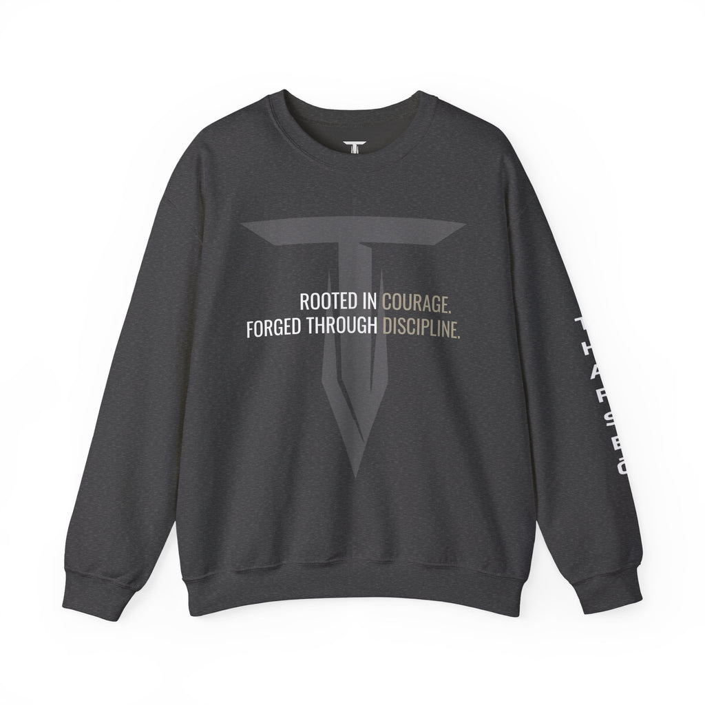 Tharseō Rooted & Forged Crewneck | Motivational Athletic Pullover