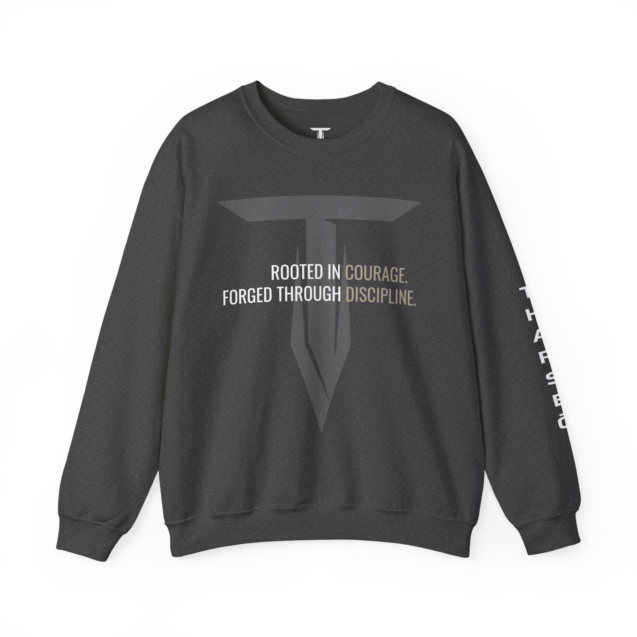 Tharseō Rooted & Forged Crewneck | Motivational Athletic Pullover